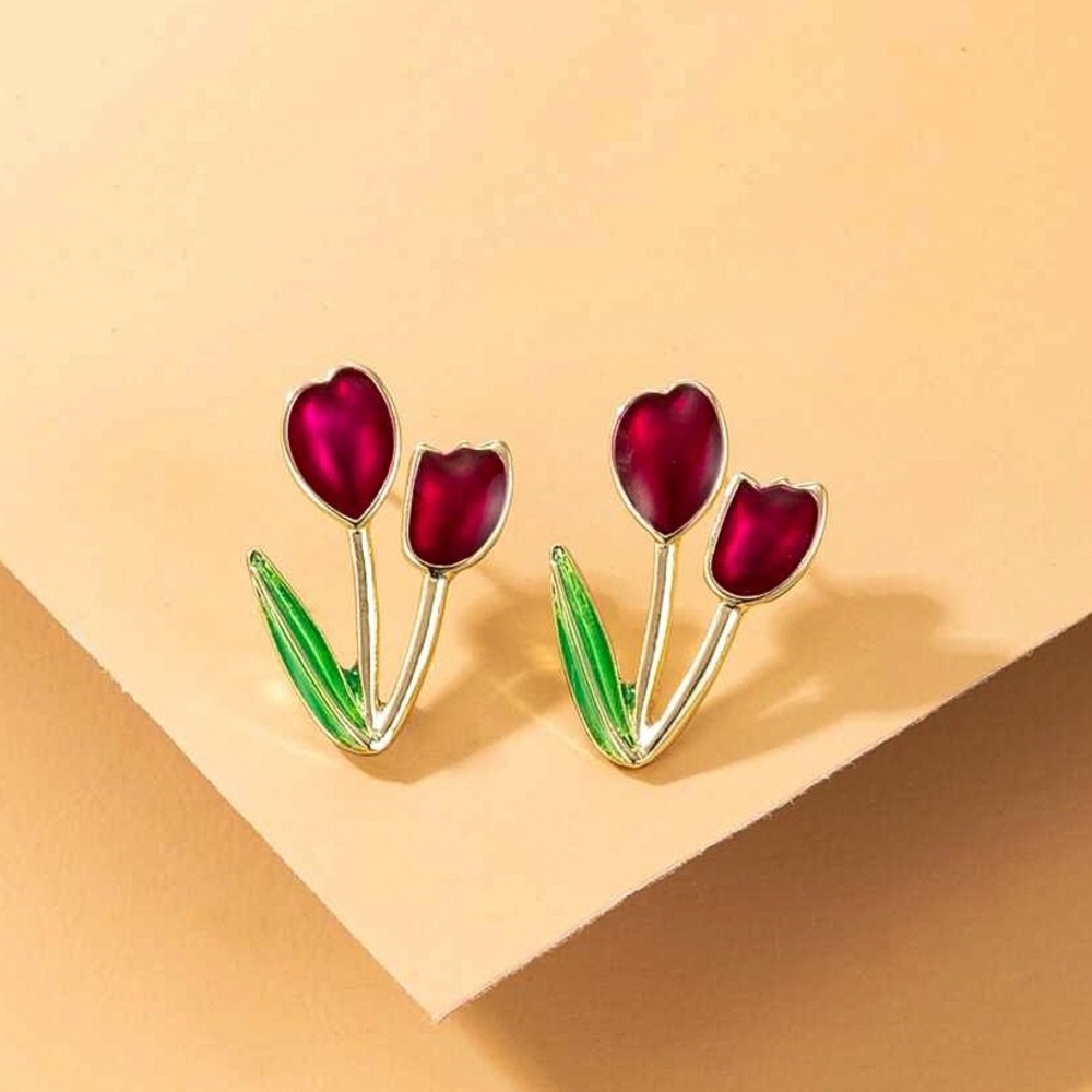 Any 2/$20! Gold & Red Double Tulip Stud Earrings - Picture 2 of 8